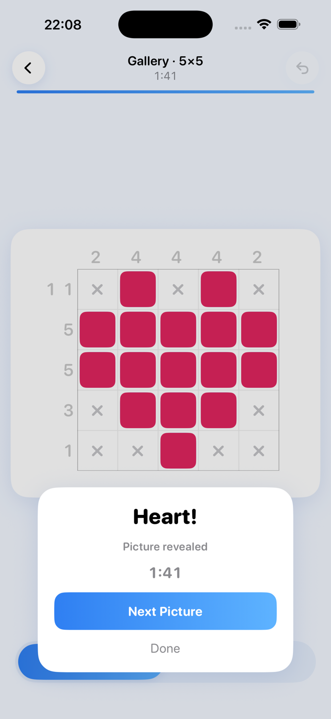 A solved gallery picture revealed in colour in Nonogram Pure