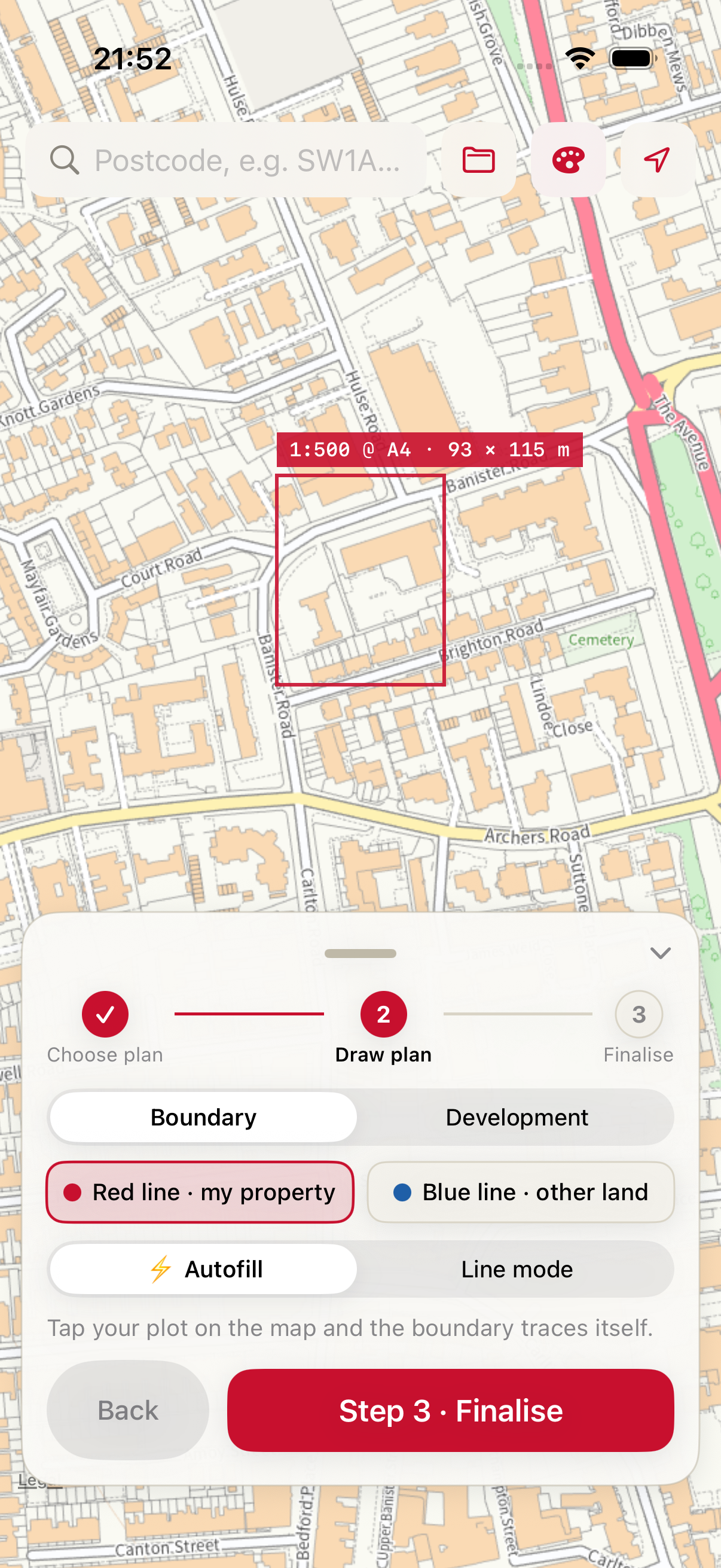 Plot Mark drawing a red line boundary on the live Ordnance Survey map